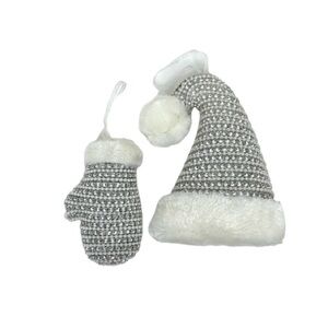 Mitten & Santa Hat Christmas Ornaments Silver Jewel White Faux Pearl & Fur
